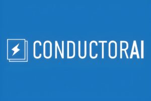 ConductorAI logo featuring a white lightning bolt icon inside stacked squares and sans-serif text on a blue background.