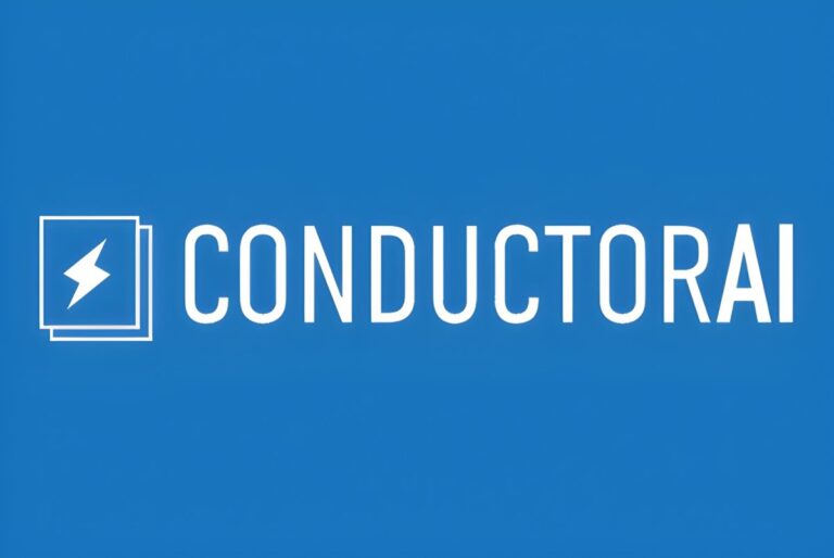 ConductorAI logo featuring a white lightning bolt icon inside stacked squares and sans-serif text on a blue background.