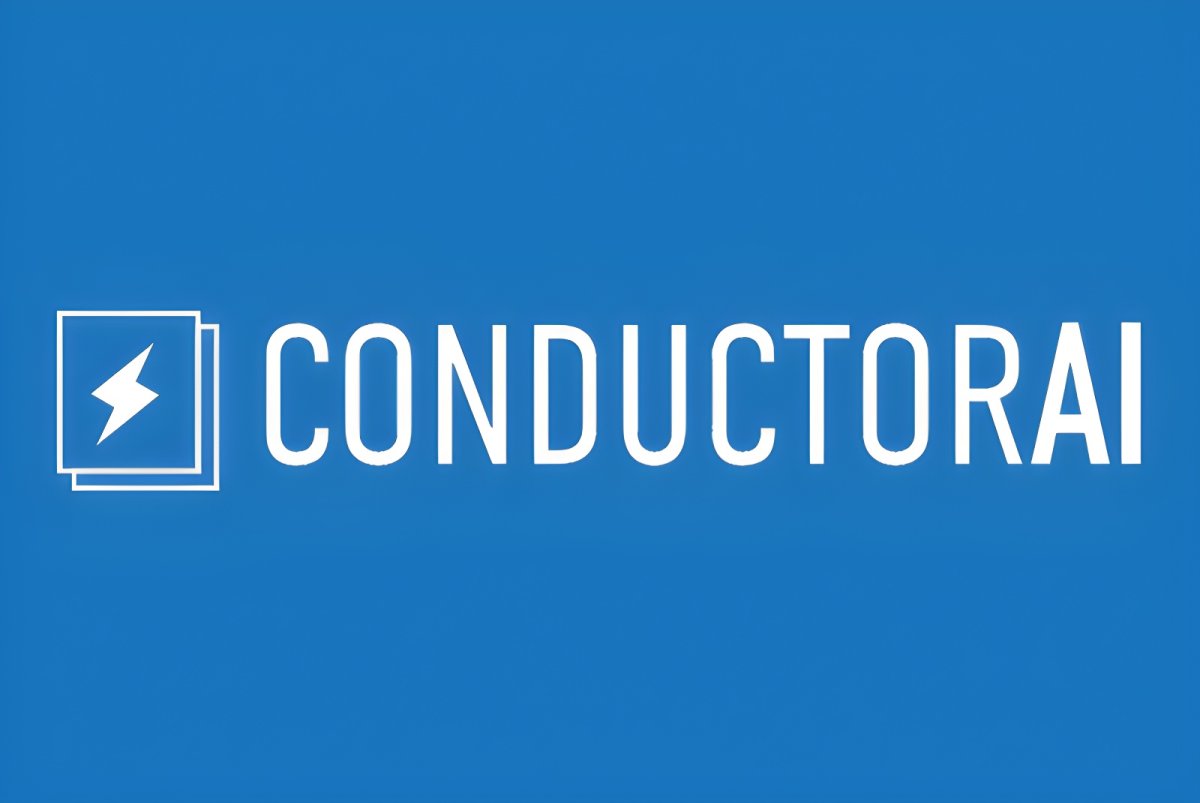 ConductorAI logo featuring a white lightning bolt icon inside stacked squares and sans-serif text on a blue background.