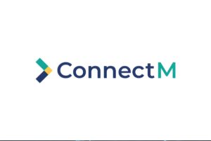 ConnectM logo featuring a blue and teal chevron icon followed by the company name in blue and teal text on a white background.