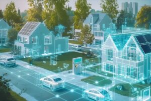 Digital wireframe overlay of a suburban neighborhood with solar panels, electric vehicles, and a smart grid network.