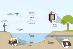 Diagram of CSignum Cloud IoT network showing wireless data transmission through water, ice, and ground to an EM-1 Gateway.