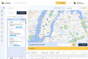 CurbWaste software interface displaying a New York City map with location pins and a sidebar for managing waste hauling tasks.
