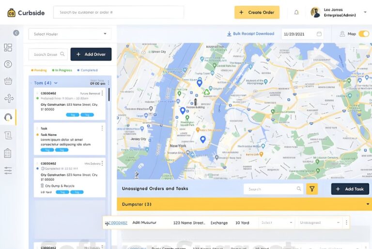 CurbWaste software interface displaying a New York City map with location pins and a sidebar for managing waste hauling tasks.