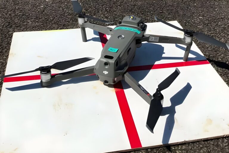 DJI Mavic quadcopter drone with a mounted sensor sitting on a white landing pad with red markings.
