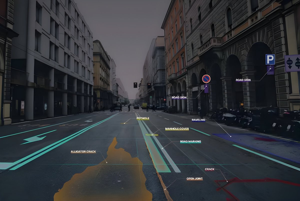 Digital street view of a city road with AI data overlays identifying pavement cracks, potholes, and traffic signs.