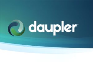 Daupler logo with a circular green and blue icon on a teal and white gradient background.