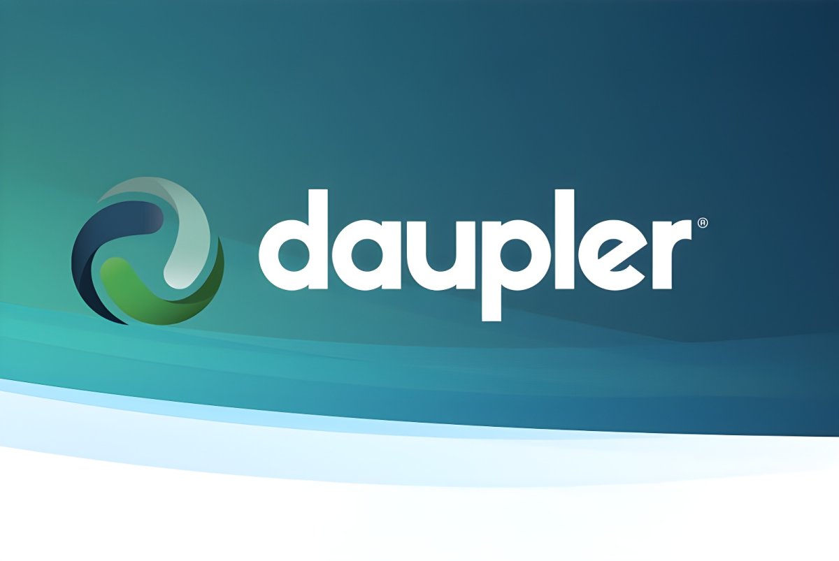 Daupler logo with a circular green and blue icon on a teal and white gradient background.