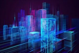 Digital 3D wireframe rendering of a city skyline with glowing blue and purple neon data lines and skyscrapers.