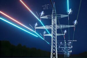 Digital twin visualization of high-voltage power lines at night with glowing data overlays and energy flow indicators.