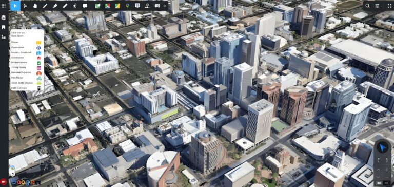 3D digital twin interface of Downtown Phoenix showing high-rise buildings and a navigation menu with data layers.