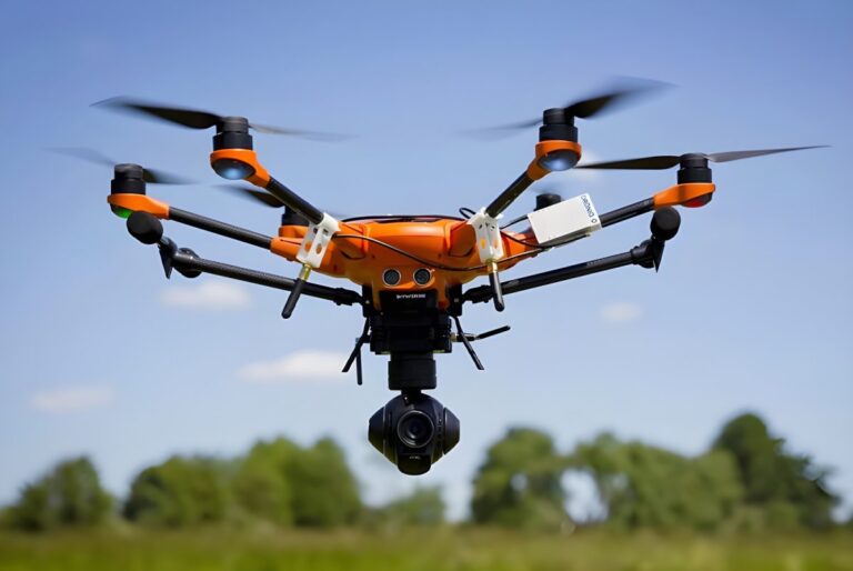 Orange and black hexacopter drone with a gimbal camera flying over a green field against a blue sky.