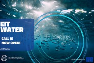 Underwater view of a school of fish with EIT Water branding and text announcing a call for proposals.