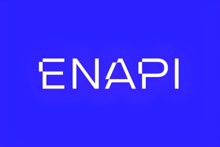 White ENAPI logo in a stylized sans-serif font centered on a solid blue background.