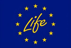 The European Union LIFE Programme logo featuring yellow stars and script text on a blue background.