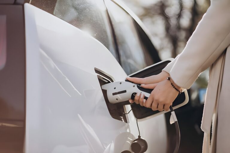 Close-up of a person's hands plugging a white electric vehicle charging cable into a white car.