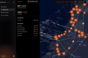 EchoTwin AI digital twin dashboard displaying a city map with orange data points and infrastructure asset metrics.