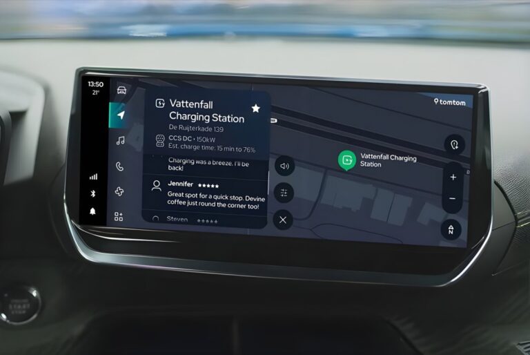 In-car infotainment screen displaying a navigation map and location details for a Vattenfall EV charging station.