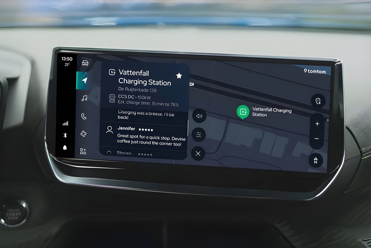 In-car infotainment screen displaying a navigation map and location details for a Vattenfall EV charging station.