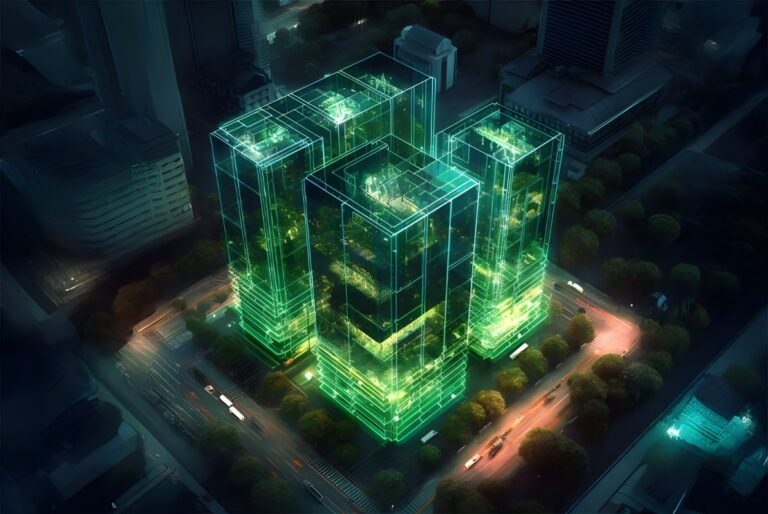 Aerial view of a city block featuring glowing green digital twin wireframes superimposed over four office buildings at night.