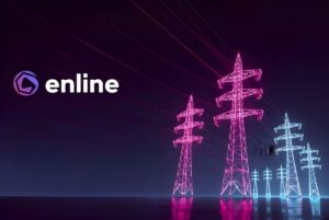 Enline logo next to digital wireframe renderings of high-voltage power line towers in pink and blue neon.