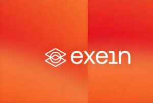 Exein logo and wordmark centered on a textured orange and red gradient background.