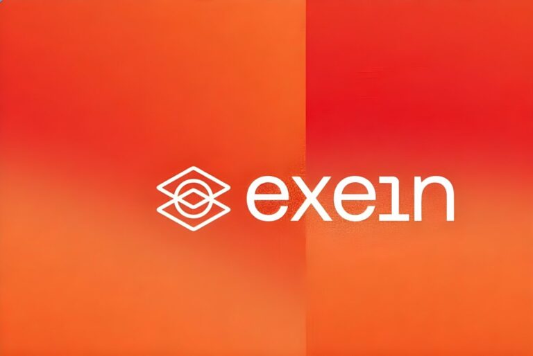 Exein logo and wordmark centered on a textured orange and red gradient background.