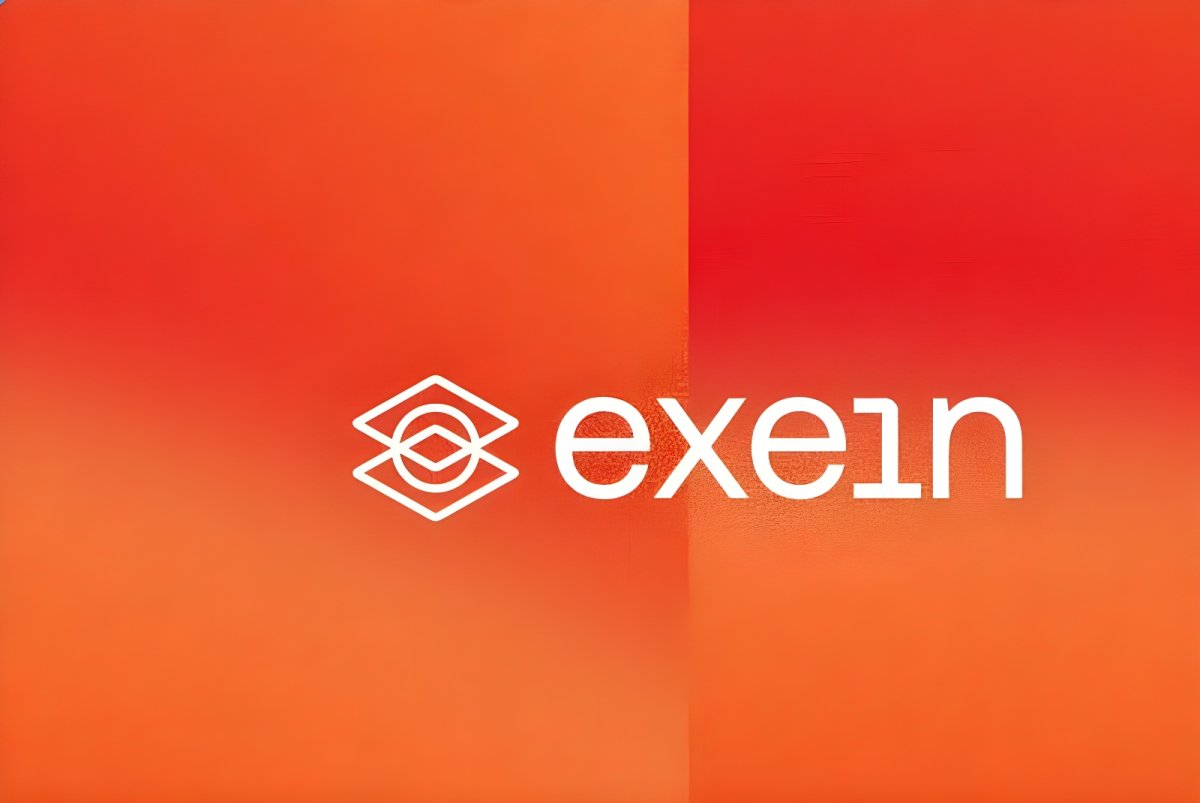 Exein logo and wordmark centered on a textured orange and red gradient background.