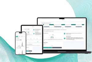 Smartphone, tablet, and laptop displaying energy consumption dashboards and data charts against a teal wavy background.