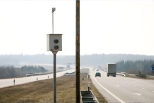 A Jenoptik speed camera mounted on a pole overlooking a multi-lane highway with moving cars and a truck.