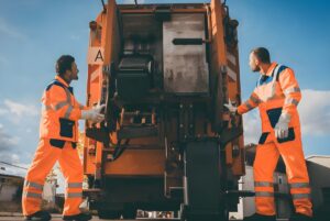 Two sanitation workers in high-visibility orange uniforms loading black bins into the back of an orange garbage truck.