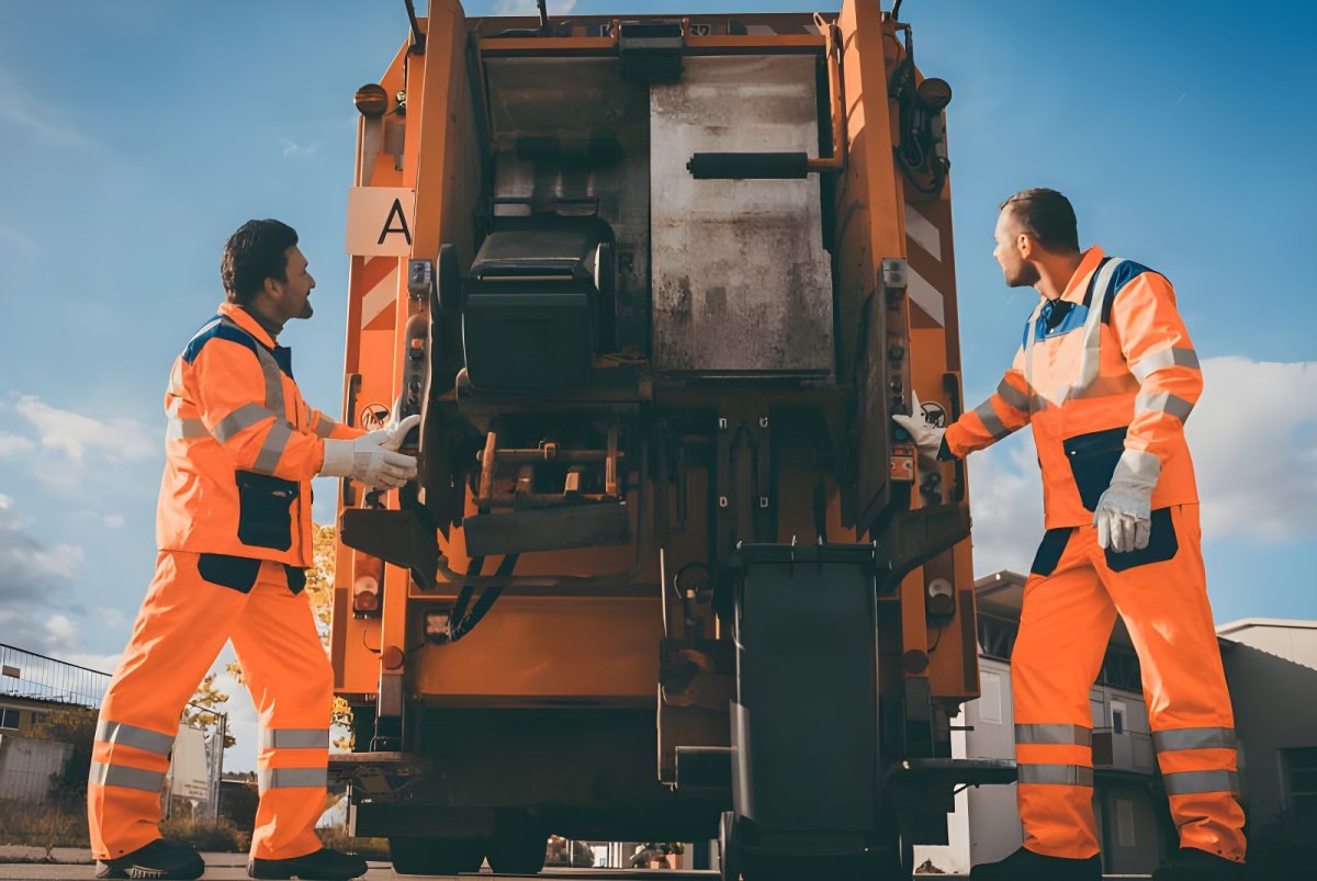 Two sanitation workers in high-visibility orange uniforms loading black bins into the back of an orange garbage truck.