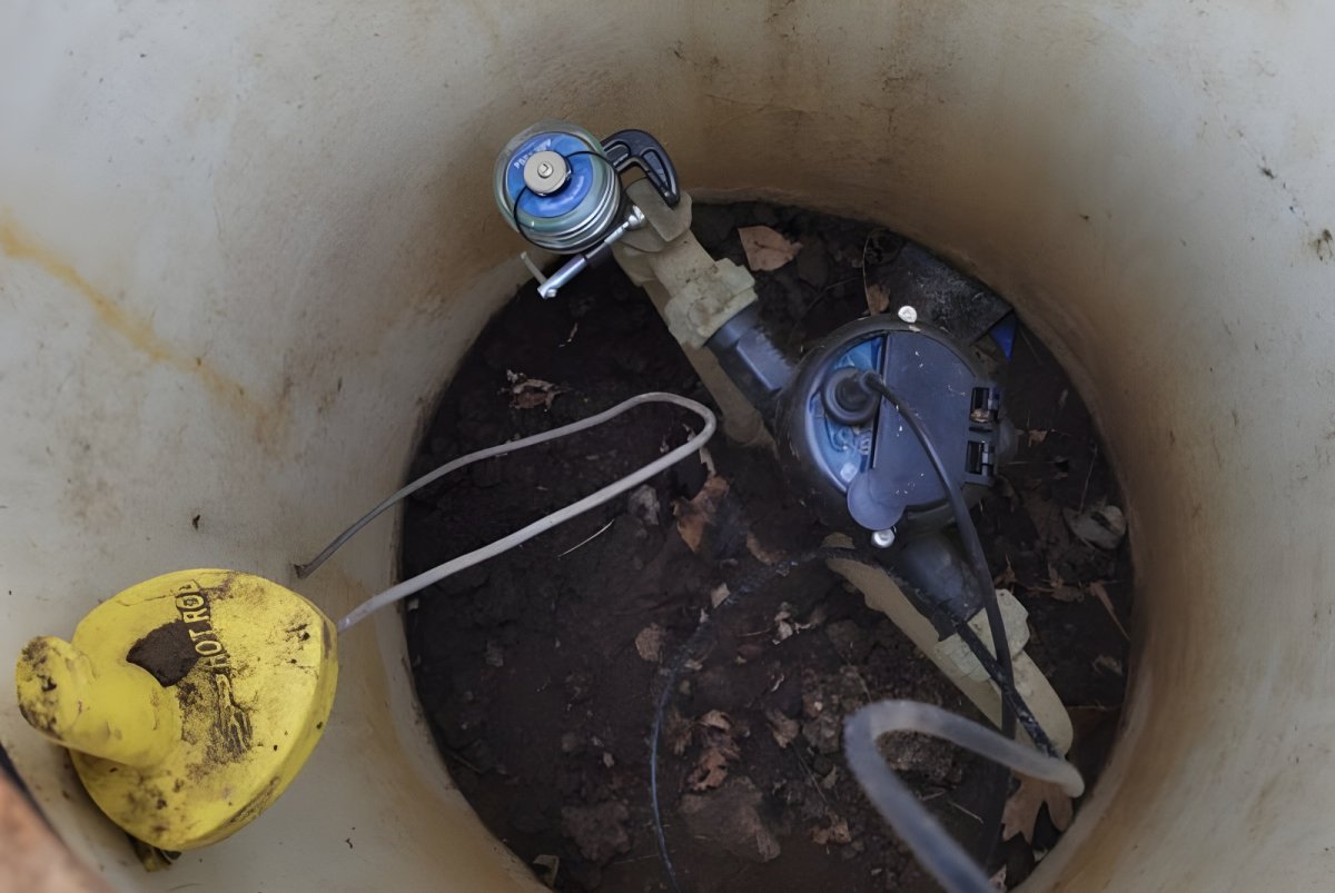 A FIDO AI acoustic sensor and blue water meter installed inside a concrete utility pit.