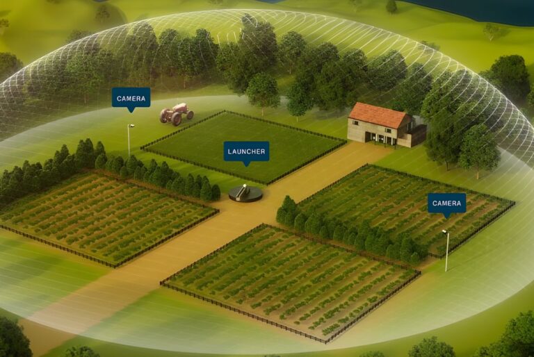 Digital rendering of a farm under a protective dome with labels for camera sensors and a central drone launcher.