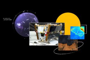 Collage of a Google FireSat satellite, a digital Earth globe, and thermal heat maps of wildfire activity.