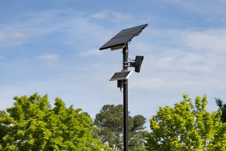 A Flock Safety solar-powered license plate recognition camera mounted on a black pole against a blue sky.