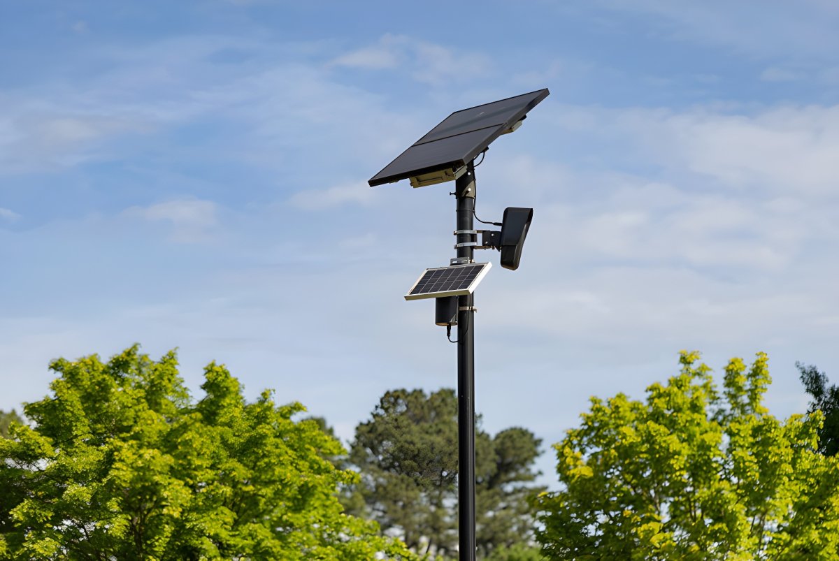 A Flock Safety solar-powered license plate recognition camera mounted on a black pole against a blue sky.