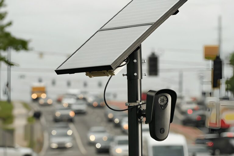 A Flock Safety license plate recognition camera and solar panel mounted on a pole overlooking a busy city road.
