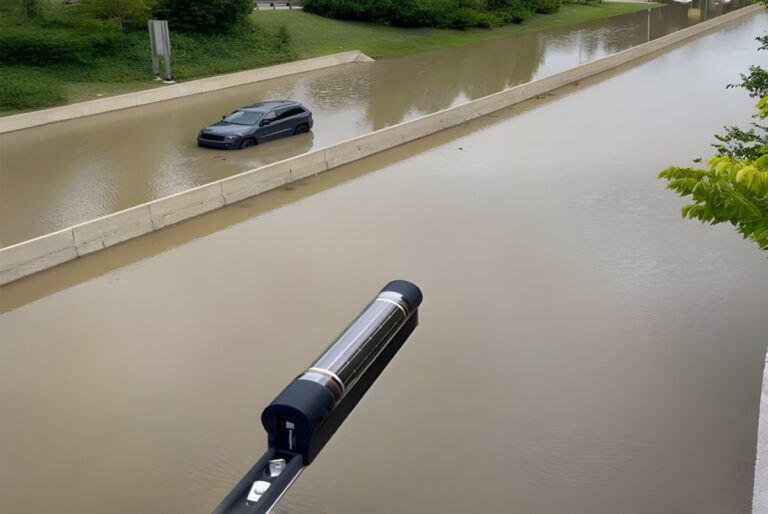 A Hyfi water level sensor mounted over a flooded highway with a partially submerged car.