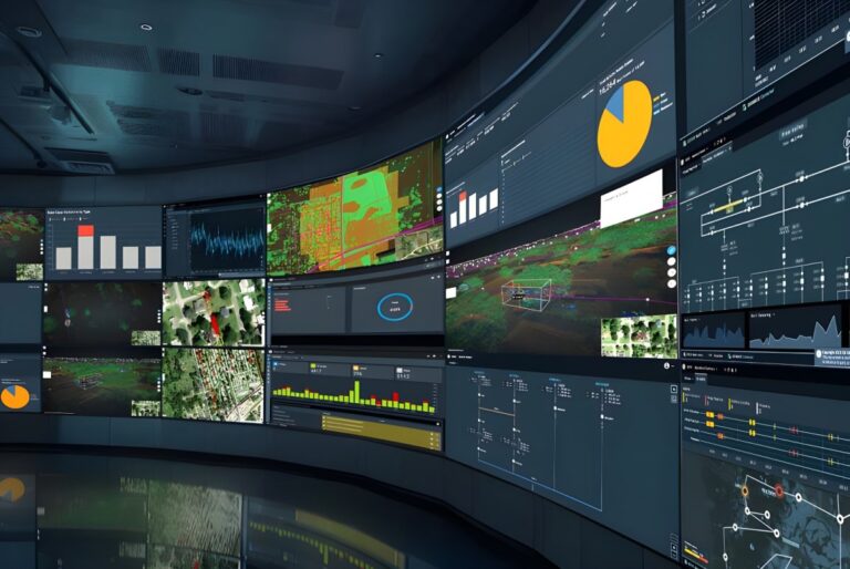 Curved wall of digital monitors displaying geospatial maps, electrical grid diagrams, and data analytics charts.