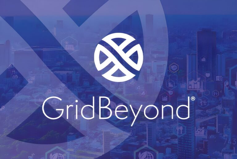 GridBeyond logo and circular emblem overlaid on a blue-tinted aerial view of a city skyline with digital icons.