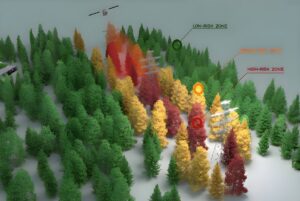 3D model of power lines in a forest with color-coded risk zones and a satellite icon for StormGeo GridEyes monitoring.