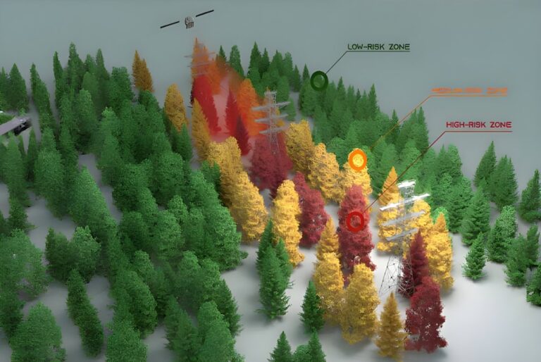 3D model of power lines in a forest with color-coded risk zones and a satellite icon for StormGeo GridEyes monitoring.