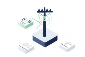 Isometric illustration of a utility pole with a Gridware sensor transmitting data to asset management and analytics icons.