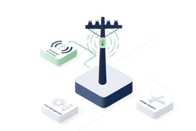 Isometric illustration of a utility pole with a Gridware sensor transmitting data to asset management and analytics icons.