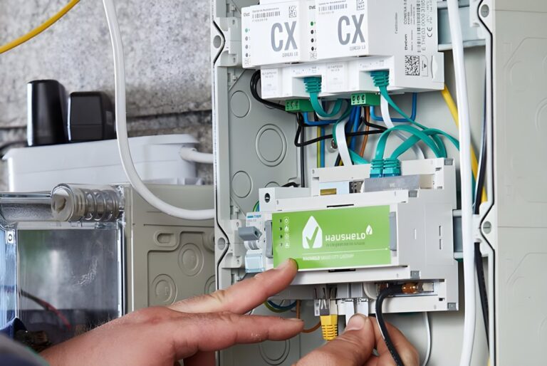 A technician installs a Hausheld smart meter gateway into an open electrical panel with green and blue wiring.