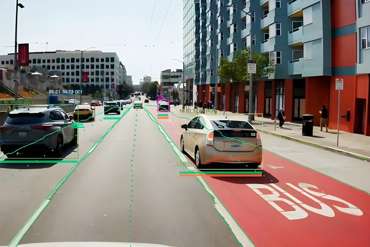 Hayden AI perception system tracking a car parked in a red bus lane on a city street with digital bounding boxes.