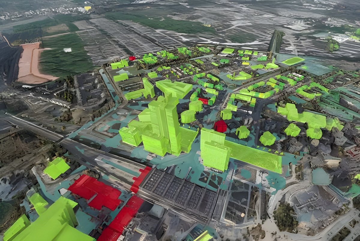 Aerial 3D digital twin map of a city district with buildings highlighted in neon green and red data overlays.