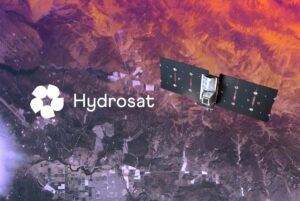 Hydrosat logo and a thermal imaging satellite orbiting over a heat-mapped aerial view of a landscape.