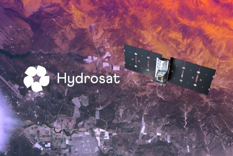 Hydrosat logo and a thermal imaging satellite orbiting over a heat-mapped aerial view of a landscape.